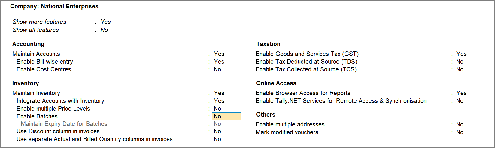 Disable Batches in TallyPrime for Stock Items at the Company Level